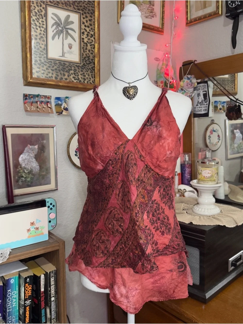 Y2K Red Paisley Silk Cami Top - Picture 6 of 9
